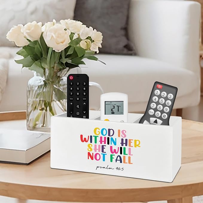 Christian Inspirational Pen Pencil Holder Organizer for Desk Accessories, God Is Within Her She Will Not Fall Bible Verse Wooden Box Sign Desk Decor for Home Office Decoration