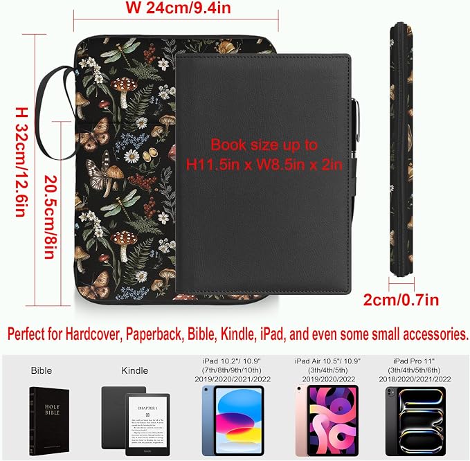 Butterfly Mushroom Book Sleeve Kindle Pouch, Boho Book Protector Case with Zipper, PU Leather Waterproof Book Cover Bag, Portable Book Pouch for Book Lovers Gifts Paperbacks Bibles Hardcover