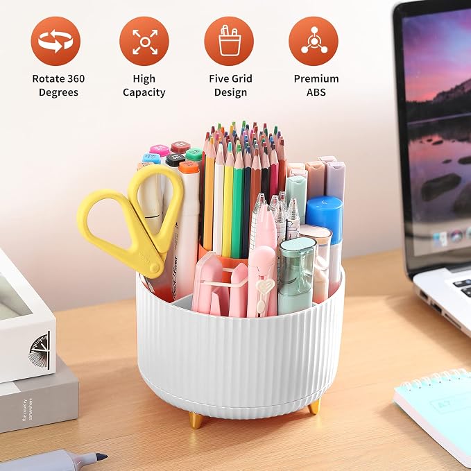 Desk Pencil Pen Holder, 5 Slots 360°Degree Rotating Pen Organizers for Desk, Desktop Storage Stationery Supplies Organizer, Cute Pencil Cup Pot for Office, School, Home, Art Supply, White