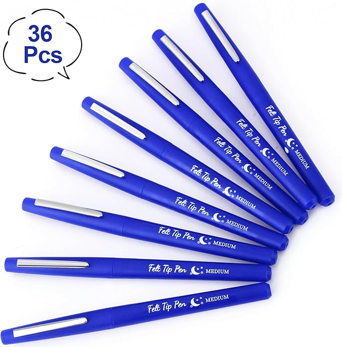 Fuyoooo 36 Pcs Dark Blue Felt Tip Pens 0.7mm Medium Point Felt Tip Marker Pens Bulk, No Smear, Quick Dry for Journaling Planner Writing Note-taking Art Office and School Supplies