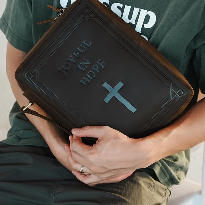 Polare Full Grain Leather Bible Cover Church Bag Carrying Book Case Bible Protective with Handle and YKK Zipper 11.2x8.25x2.3 inch Christian, Religious Gifts for Men