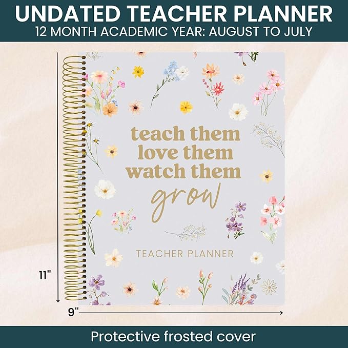 bloom daily planners New Undated Academic Year Teacher Planner & Calendar with Frosted Protective Cover - 7 Period Lesson Plan Organizer Book (9" x 11") - Teach Them Love Them