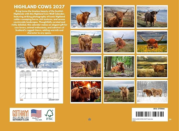 Highland Cow Calendar 2027 Scottish Gifts Hyland Hairy Coo Monthly Wall Calender 12 Month