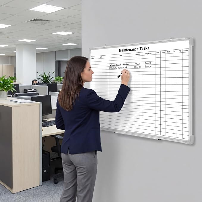 AmazingSpark Lined Whiteboard Blank Grid Aluminum Frame Dry Erase Board Reusable Wall Mounted Board for Scheduling, to Do Lists Weekly Planning Home Work (36 x 24 Inch,Horizontal Maintenance Tasks)