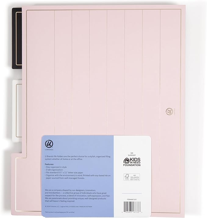 U Brands Fashion File Folders with Pockets, 9 Count, 1/3-Cut Tabs in Assorted Positions, Letter Size, Office Supplies (Classic Foil)