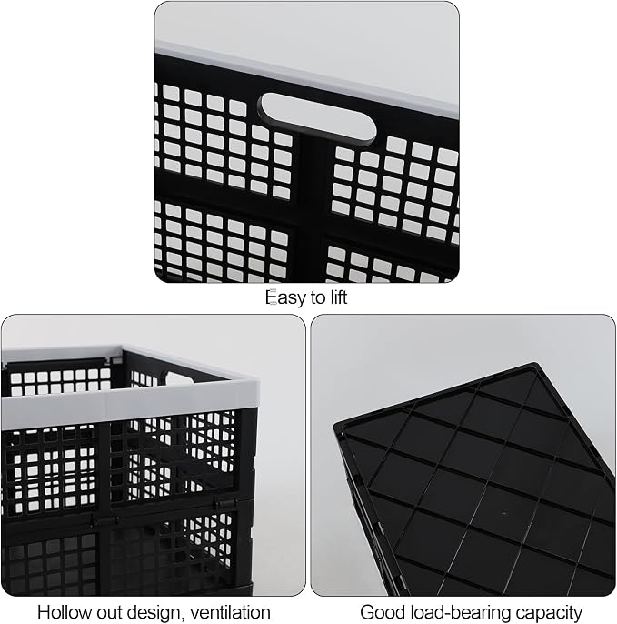 3 Packs Collapsible Milk Crates, Plastic Folding Storage Containers, Stackable Storage Baskets for Organizing, 23.5" x 16.88" x 11.81", 66 L, Black