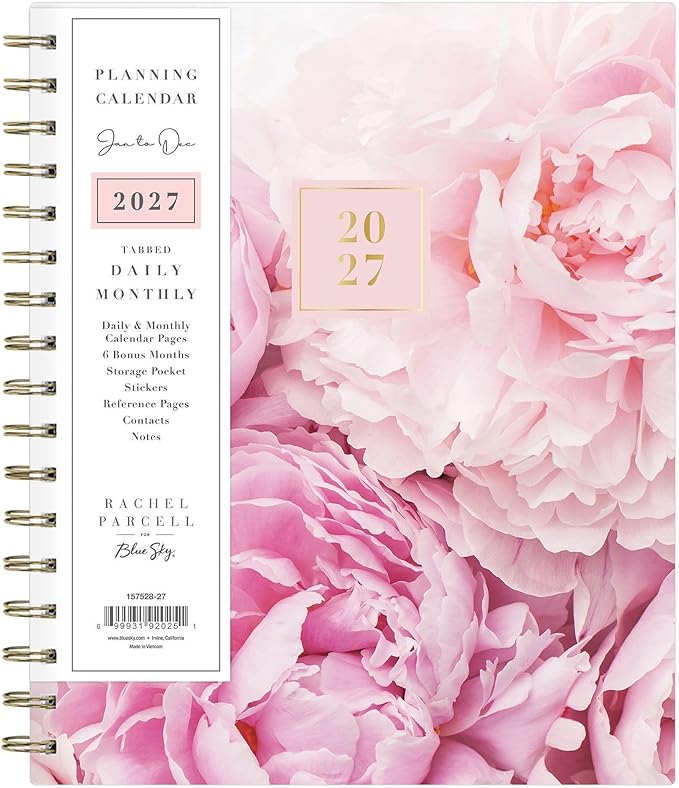 Blue Sky Rachel Parcell 2027 Daily and Monthly Planner Calendar, January 2027 - December 2027, 5" x 8", Hard Cover, Durable Twin Wire Binding, Laminated Tabs, Storage Pocket, Stickers, Peony