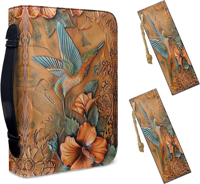 Lotusorchid Hummingbird Print Bible Cover Case with Bookmarks, PU Leather Bible Cover for Women Girls, Portable Bible Carrying Case with Handle and Pocket, Bible Accessories for Christian, Size L