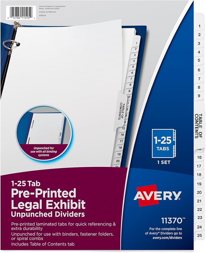 Avery Premium Collated Legal Exhibit Binder Dividers with Tabs,1-25 and Table of Contents,8.5 x 11 Inches,Binder Divider with Tabs,Avery Style (11370),(Pack of 12)