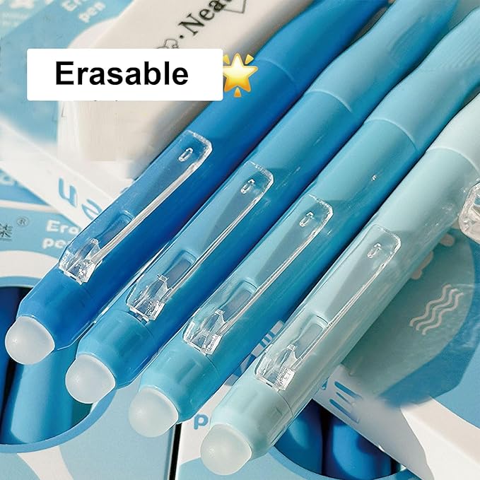 MOZXIRZ 4 Pcs Cute Erasable Gel Pens Erasable Retractable Gel Pens 0.5mm Black Ink Pen Aesthetic Pen for Women Girls Boys Men Office School Supplies (Blue-Black Ink)