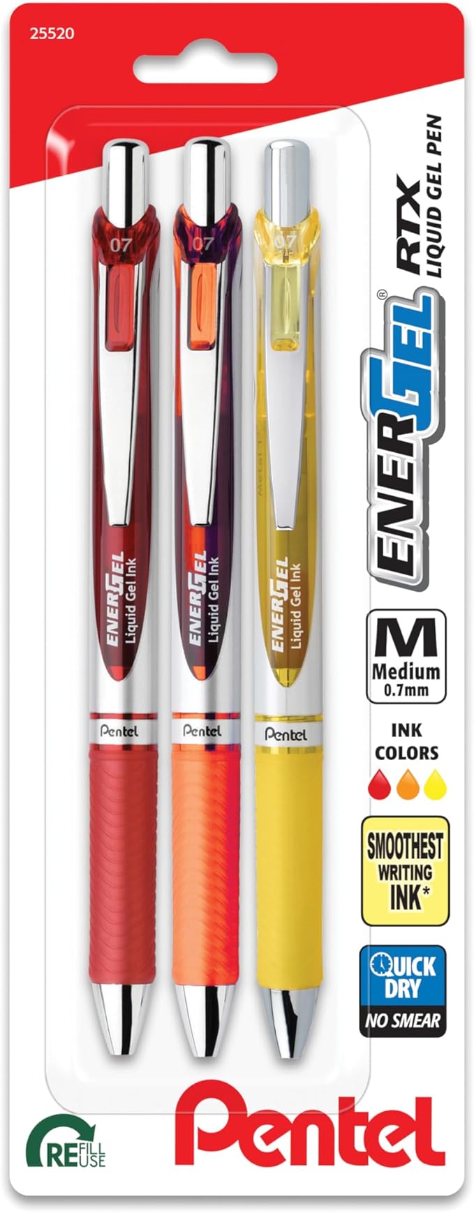 Pentel EnerGel RTX Retractable Liquid Gel Pen, Happiness Hue, 0.7mm, Red, Orange and Yellow ink, Pack of 3 Pens (BL77HAPBP3M)
