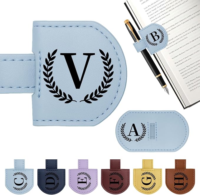 Personalized Magnetic Bookmark Pen Holder, Leather Book Marks for Reading Women& Men, Engraving 26 Letters Name Initial Bookmarks with Pencil Pen Holder, Gift for Book Lovers, Readers (Light Blue, V)