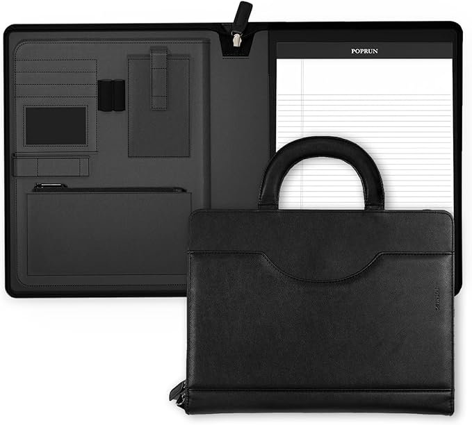 POPRUN Professional Zippered Portfolio Binder - Leather Padfolio Organizer with Notepad, Tablet Sleeve & Handles for Business, Meetings, Interviews, and Daily Office Use, Black