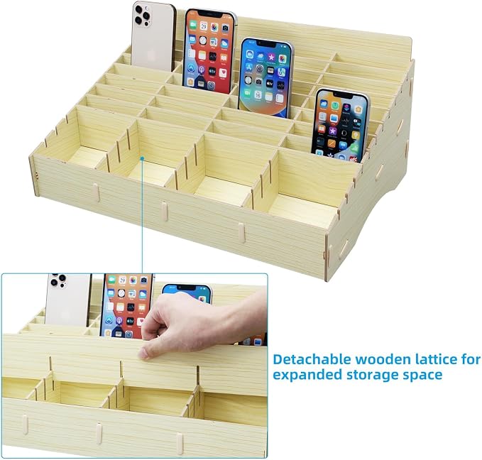 HengTianMei HTM 48 Grid Wooden Cell Phone Holder Desktop Organizer Storage Box for Classroom Office (48 Grid)