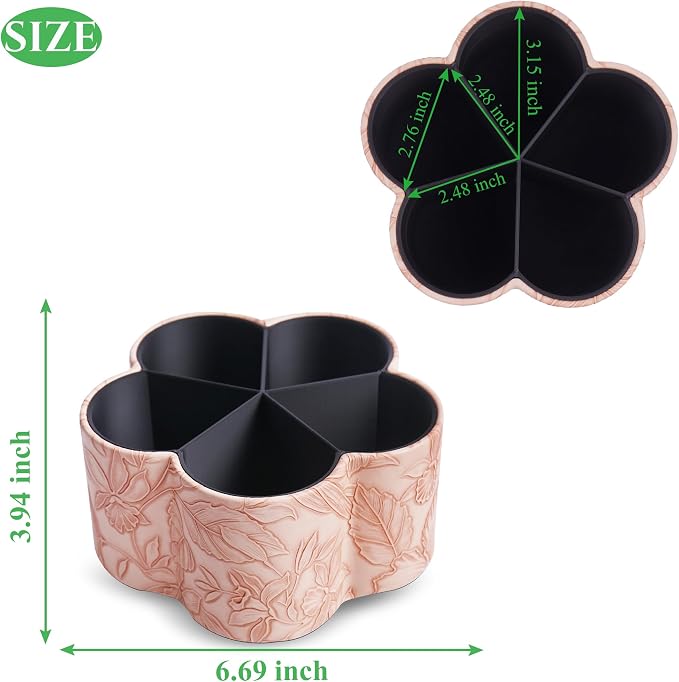 Flower Shaped Leather Art Supply Organizer,Remote Control Holder,360 Degree Spinning,Multi-Functional Pencil Holder,5 Compartments Desktop Stationary Organizer(1-Flower Pink)