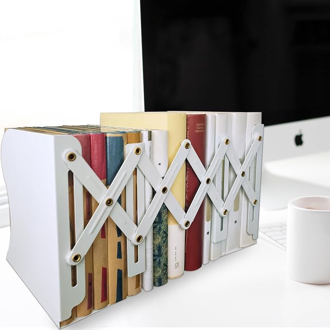 Metal Bookends, Book Ends for Heavy Books, Adjustable Book Holder for Shelves, Book Stopper for Home/School/Office, Extends up to 19 inches, White