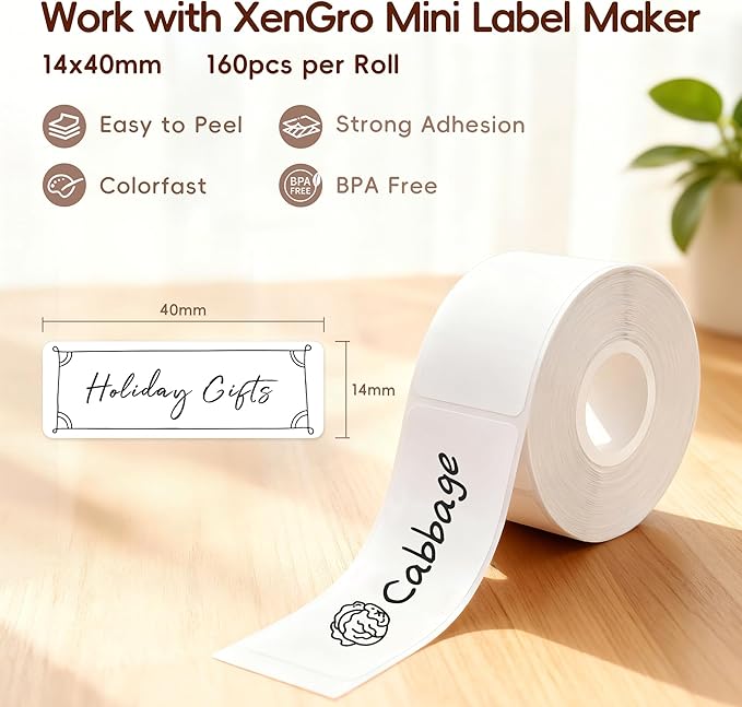 Label Tape 3PCS, Self-Adhesive Thermal Labels Refill Paper Roll for XenGro AH-P05 Mini Label Maker, 14mm X 40mm, for Home/Kitchen/Office Storage/Kid School Supplies, Black on White