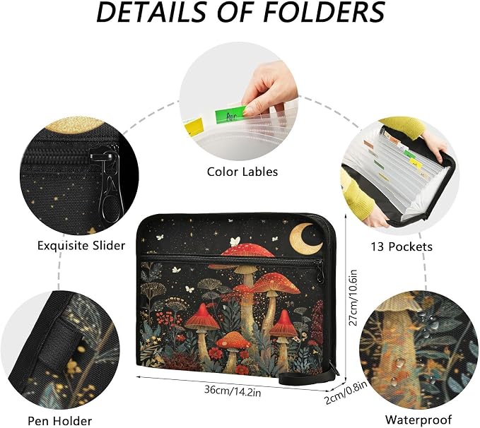 Red Mushrooms at Night Accordion File Organizer Expanding Document Folder with 13 Pockets Portable File Folder for A4 Letter Size