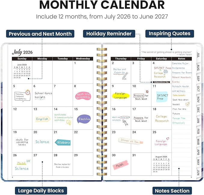 Planner 2026-2027, Monthly and Weekly Academic Planner July 2026 - June 2027, Hardcover Student Teacher Planning Agenda Calendar Book with Tabs, Perfect for Office School Supplies, A4 (8.5" x 11") - Distant Peaks