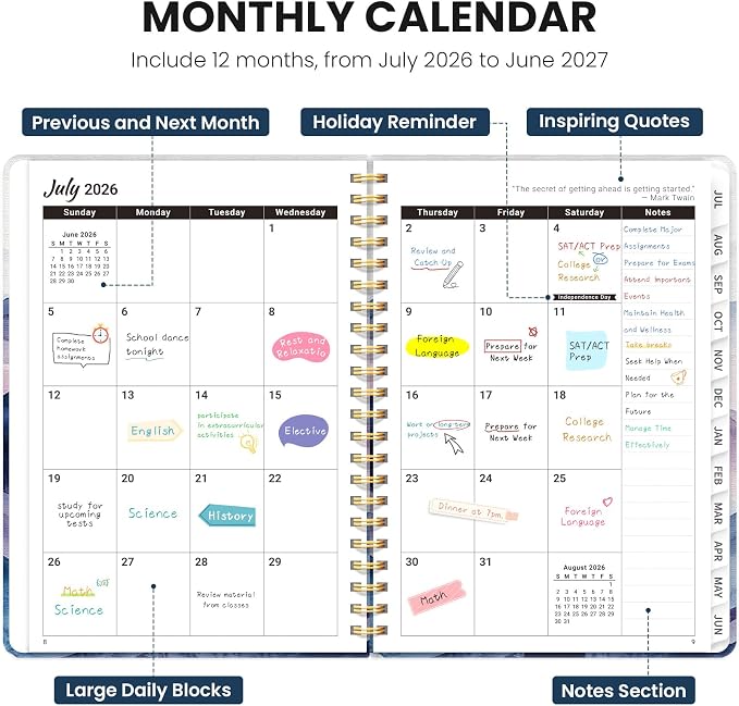 Planner 2026-2027, Monthly and Weekly Academic Planner July 2026 - June 2027, Hardcover Student Teacher Planning Agenda Calendar Book with Tabs, Perfect for Office School Supplies, A4 (8.5" x 11") - Distant Peaks