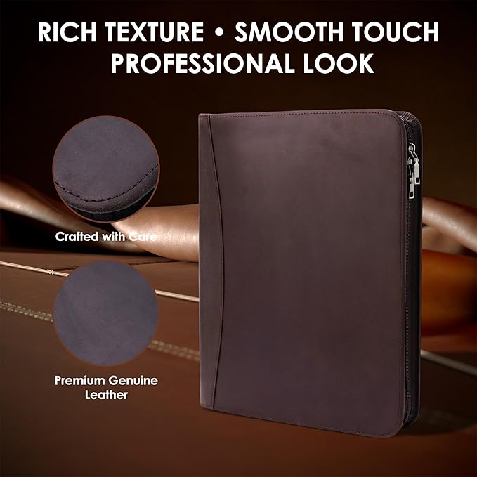 Crazy Horse Genuine Leather Zippered Padfolio with 3-Ring Binder, A4/Letter Portfolio Organizer for Work, Fits 13.9" Tablet, Business Document Folder for Meetings & Interviews (Brown)