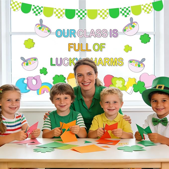 Whaline 87 Pcs St. Patrick's Day Bulletin Board Decoration Lucky Charm Funny Cartoon Shamrock Clover Paper Cutouts with 200 Pcs Glue Points for Irish Party Classroom Wall Decor