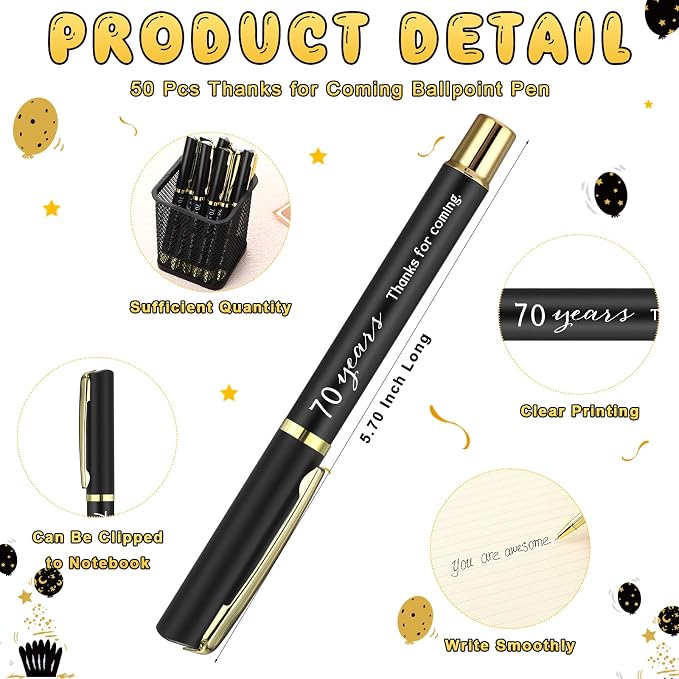 Spakon 50 Set 70th Birthday Party Favor for Guest Anniversary Party Favor Golden Birthday Bookmark Thanks Coming Pen with Tag Appreciation Gifts for Women Men Wedding Anniversary