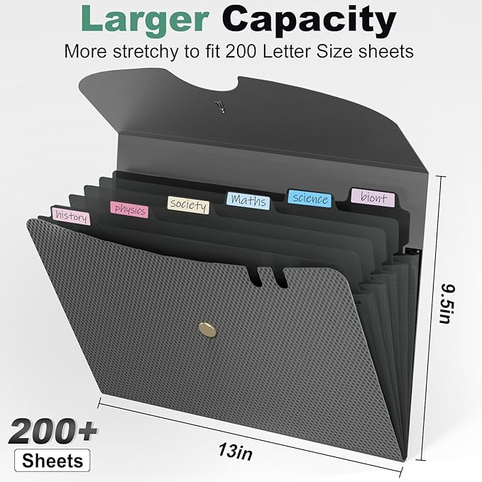 Sooez 7 Pocket Accordion File Organizer, Premium Expanding File Folder, Letter Size Folders for Documents, Sleek Filing Folders with Bungee Closure, Portable Folders for School Office Supplies, Grey