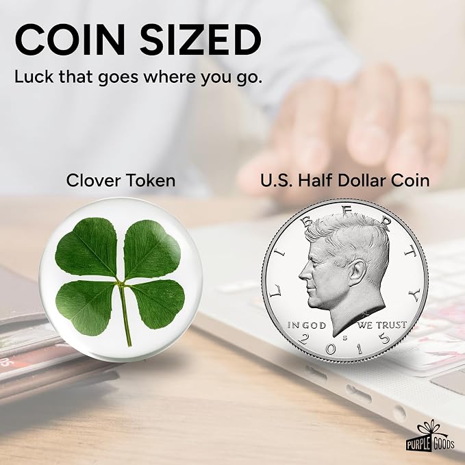 Real Four Leaf Clover White Pocket Token - Lucky Token, U.S Half Dollar Coin Sized - Genuine 4 Leaf Clover Good Luck Charm - Perfect as Good Luck Gifts