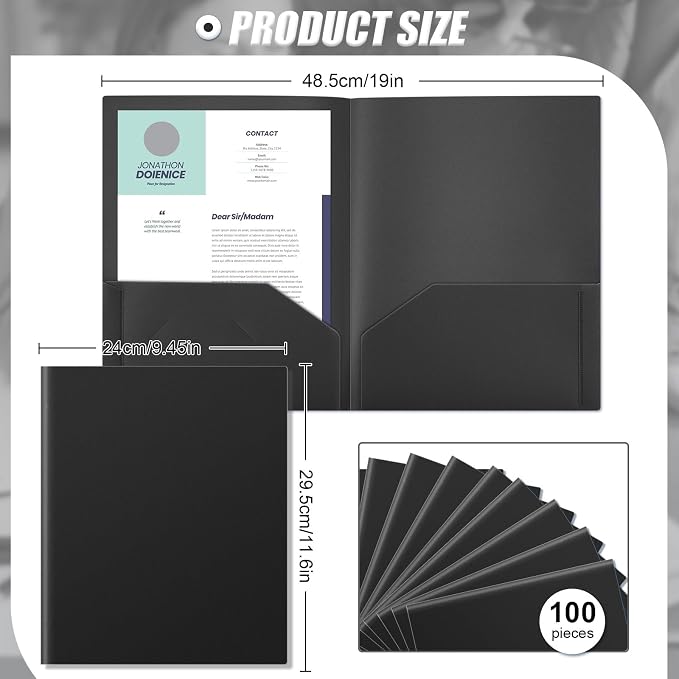 Gueevin 100 Pack Plastic Folder with Pockets, 2 Pocket Folders, Plastic Glossy Folders Fit Letter Size Paper, Heavy Duty Durable File Folder with Business Card for Home Office School (Black)