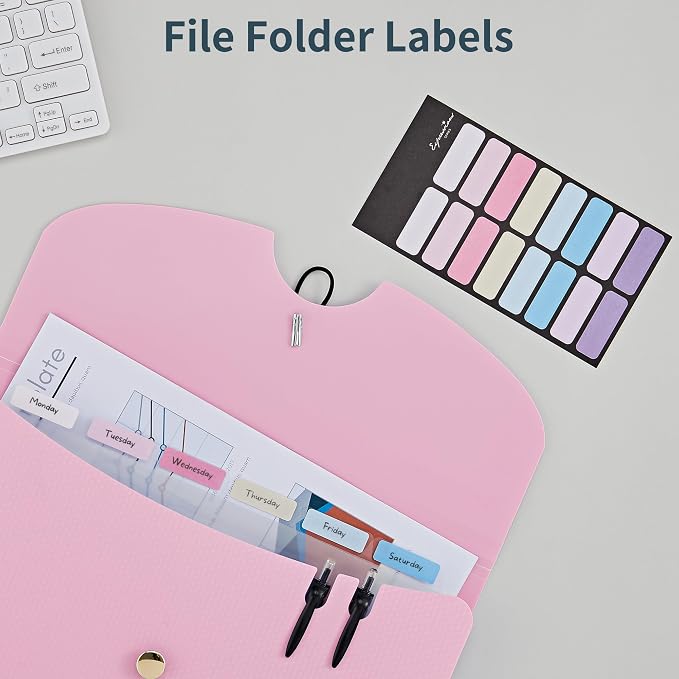 JARLINK 7 Pockets Expanding File Folder, A4 Size Accordion File Folders with 12 Labels, Cute Paper Organizer, Portable Document Organizer for Home College School Office Supplies, Macaron Pink
