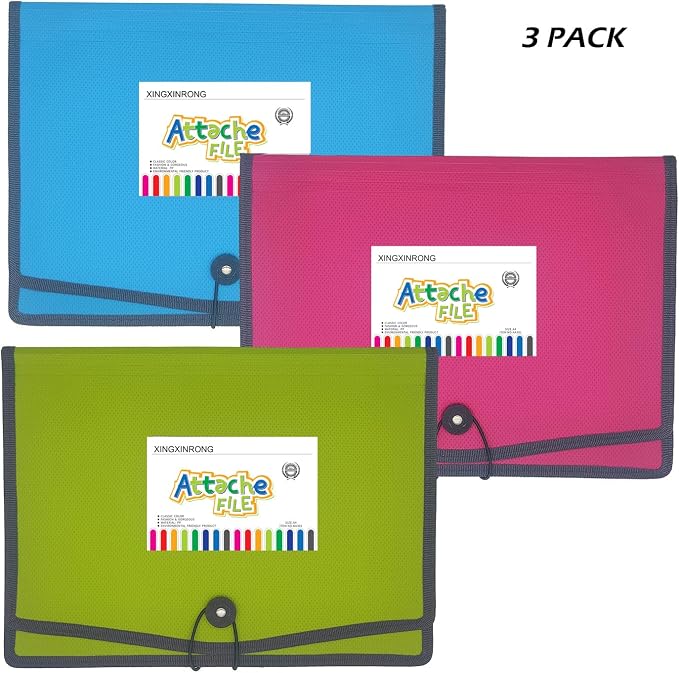 Expanding File Folder Document Organizer with Elastic Cord & Button Closure, Letter Size, 3.5" Expansion, Letter A4 Expandable File Folder for Home School Office Organization, 3 Pack