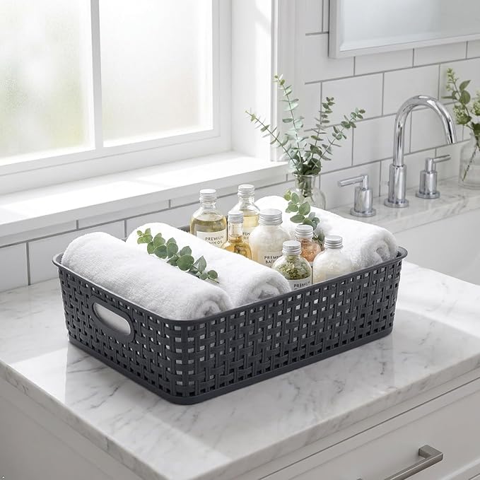Idotry 4 Packs Plastic Paper Storage Basket, Gray