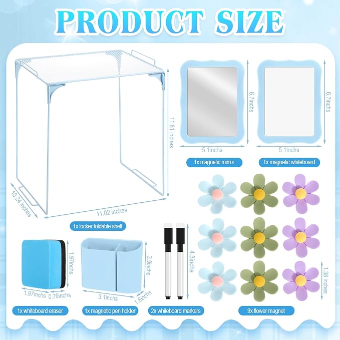 Colarr 16 Pcs Blue Locker Accessories for Girls Includes Magnetic Whiteboard & Mirror Locker Shelf Pen Holder 2 Dry Erase Marker & Eraser 9 Flowers for Back to School Essentials Decoration