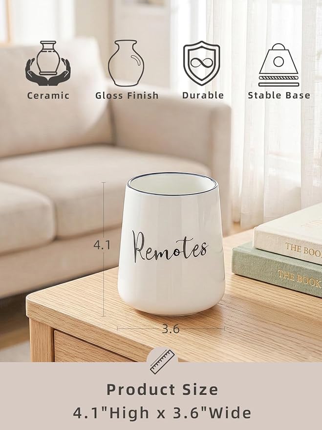 LEETOYI Ceramic Remote Control Holder, 4.1" Remote Caddy Storage, Makeup Brush Holder, Media Controllers Organizer for Living Room, Table, Bedroom & Office (White)