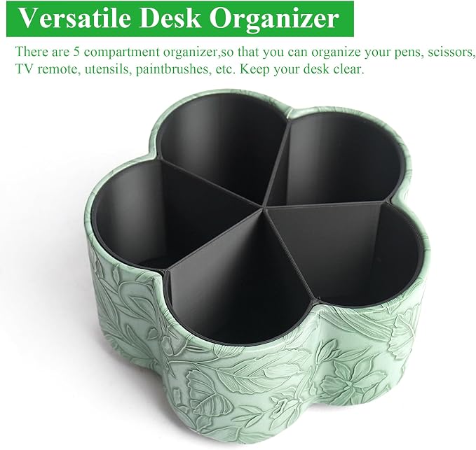 Flower Shaped Leather Art Supply Organizer,Remote Control Holder,360 Degree Spinning,Multi-Functional Pencil Holder,5 Compartments Desktop Stationary Organizer(1-Flower Green)