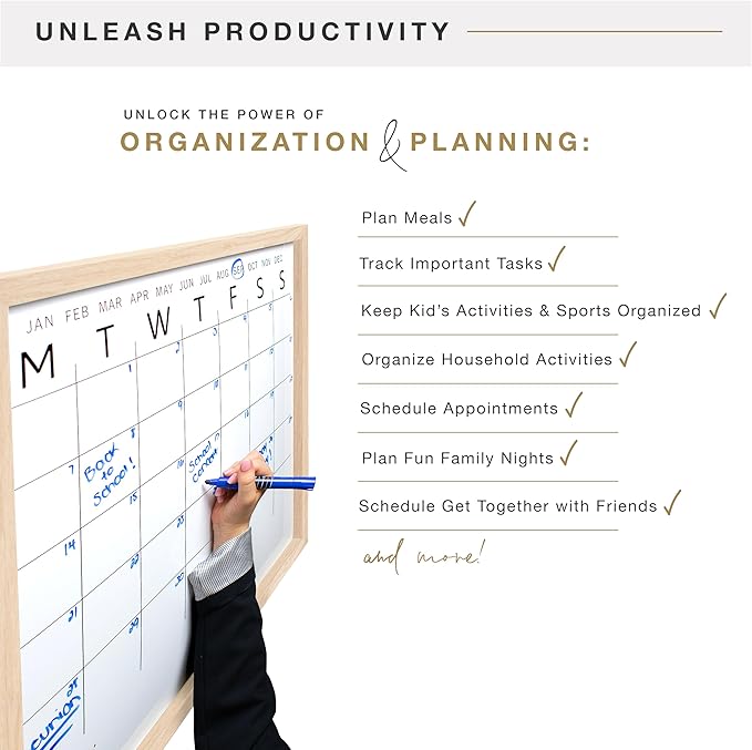 MCS Dry Erase Calander 30x30 Natural Framed Monthly Calendar for The Wall, Stay Organized with Family Planner for Appointments, Sports, Events & More