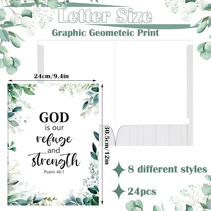 Qeeenar 24 Pack File Folders Organizer Christian Folders with Pockets 9x12 Inch Filing Organizer Document Holder Pocket Folder for School, Office, and Home(Green Leaves Style)