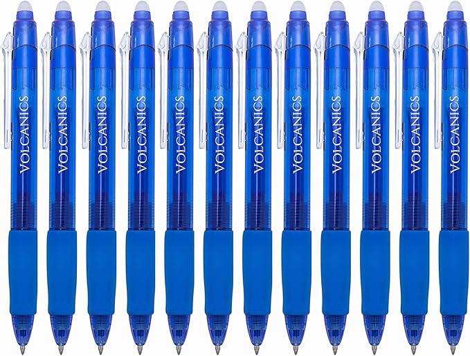 Volcanics Retractable Clicker Erasable Gel Pens - 0.7mm Ball Point, Heat Erase with Built-in Eraser, 12 Pack Blue