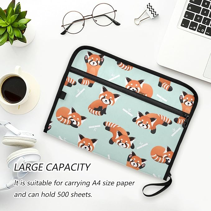 13 Pockets Expanding File Folder Cute Red Panda Cyan with Sticky Labels Accordion File Folder Document Organizer Letter Size A4 Papers Expandable File Keeper