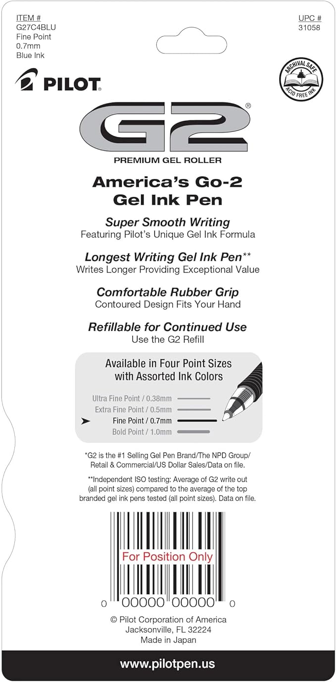 PILOT G2 Premium Gel Roller Pens,Fine Point 0.7 mm,Blue Ink Pens Fine Point,- Ideal for School,Journaling,and Office Writing,4 Count (Pack of 2)