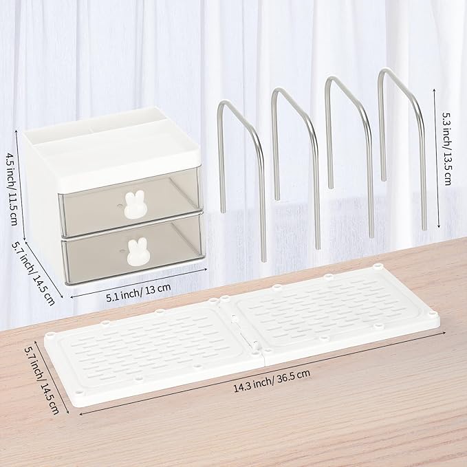 LETURE Desk Organizer with 2 Drawer, Pen Pencil Mail File Holder for Desk with Detachable Bookend, Stationery Accessories Storage Box for Office Supplies, Makeup, Jewelry for Home, Office (White)