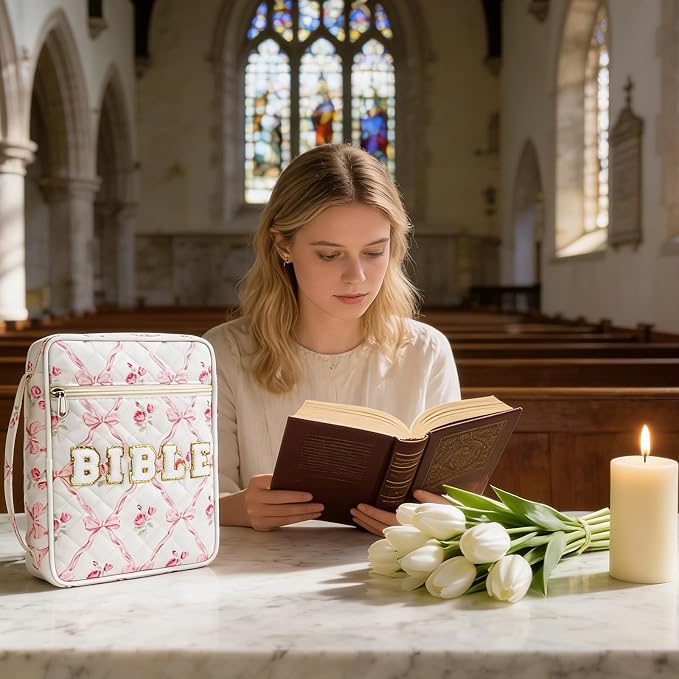 Bible Cover Case for Women, Large Chenille Letter Bible Bag with Handle, Carrying Bag with Tabs 6 Colored Pens 6 Highlighters, Back to School Study Supplies Christian Church Gifts, Pink Bow