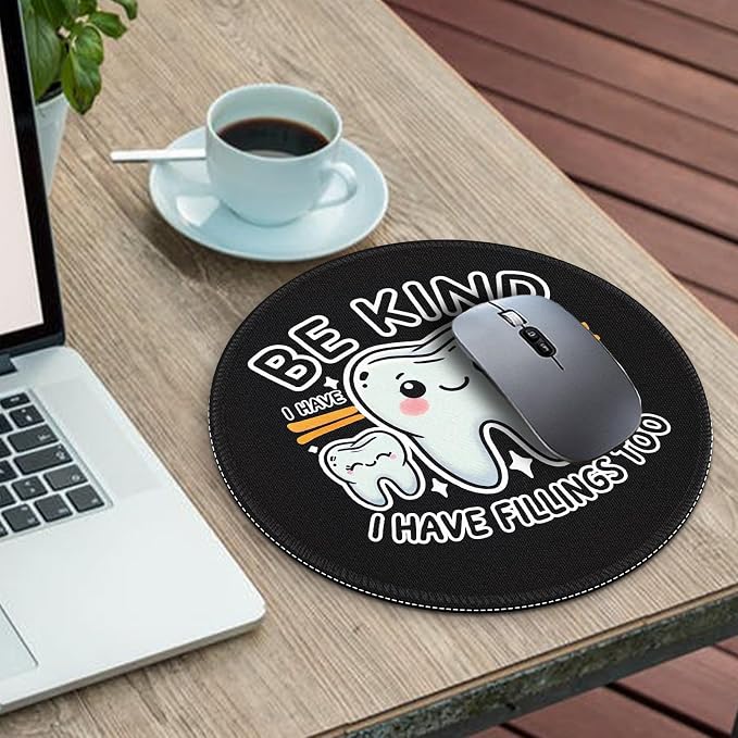 Gctriki Dental Tooth Round Mouse Pad with Stitched Edge Non-Slip Rubber Base, Black Mouse Pad for Gaming Laptop Computer, Cute Home Office Desk Accessories Decor, Be Kind I Have Fillings Too