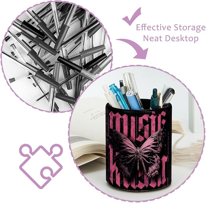 Cool Butterfly Leather Pen Holder for Desk, Multifunctional Desktop Organizer Pencil Cup, Desktop Caddy Stationery Organizer for School Home Office Desk Accessories