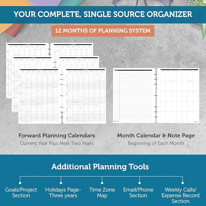 Planner Pad 7 Hole Loose Leaf 3-Tier Funnel Down 12 Month Organizer, October 2025 – September 2026 / Academic Year Black Ink, 8 1/2" x 11”