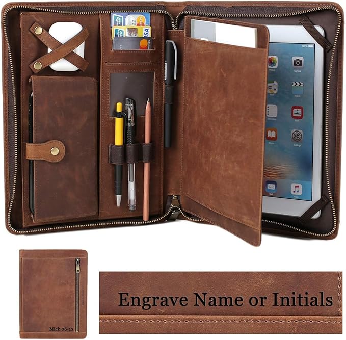 Personalized Leather Portfolio Case for iPad Pro 11 Inch (2025/2024/2022/2021/2018), Smart Folio Cover with Pencil Holder & Zipper Pocket, Compatible with iPad 10.5/9.7, Custom Business Gift