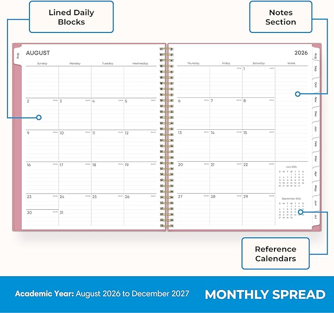 Blue Sky 17 Month 2026-2027 Weekly and Monthly Academic Year Planner Calendar, August 2026 - December 2027, 8.5" x 11", Flexible Cover, Wirebound, Laminated Tabs, Dusty Rose