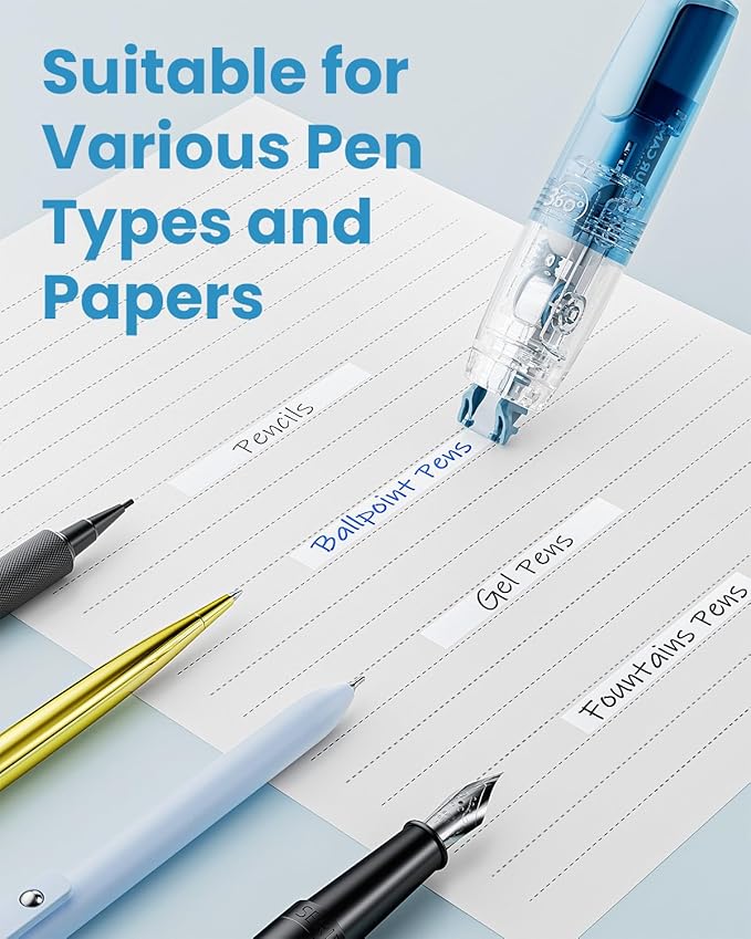 Four Candies Refillable Retractable White Correction Tape, 2PCS White Cute Smooth Push Pull Out Tape with 4 Extra Refills, Aesthetic Pen Shaped Applicator for School Office Supplies (Blue Green)