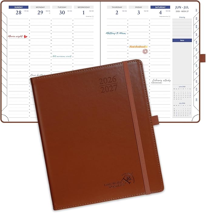 POPRUN 2026 Weekly Planner (Medium 7'' x 8.5''), 30-Minute Hourly Appointment Book (July 2026-June 2027) with Monthly Tabs, Inner-pocket, Pen Holder, PU Leather Softcover - Brown